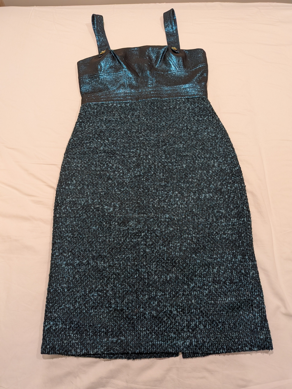 St. John Metallic Teal Knit Midi Sheath Dress